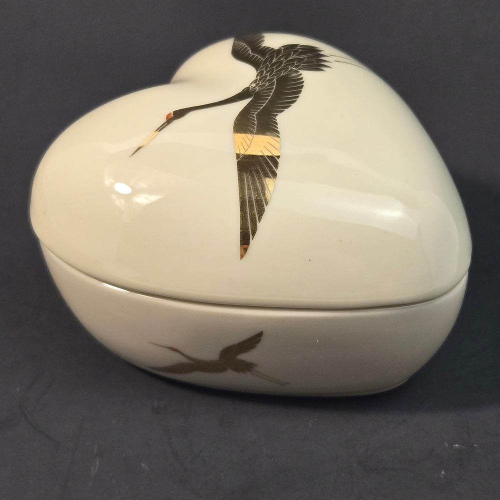 Takahashi San Francisco Heart Trinket Box Gold Crane Porcelain Japan Vintage